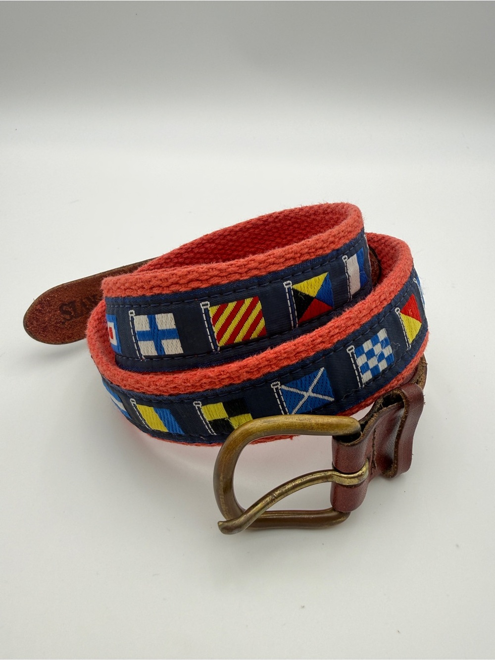 VTG Orvis Nautical Signal Flags Red Canvas Leather Belt 32 Solid Brass